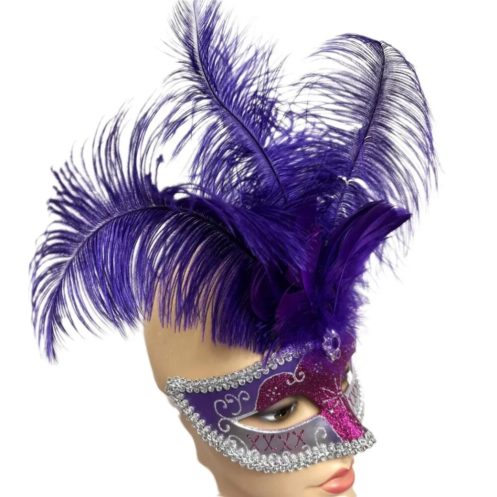 Mardi Gras Style Purple Silver Mask with Purple Ostrich Feathers EUC